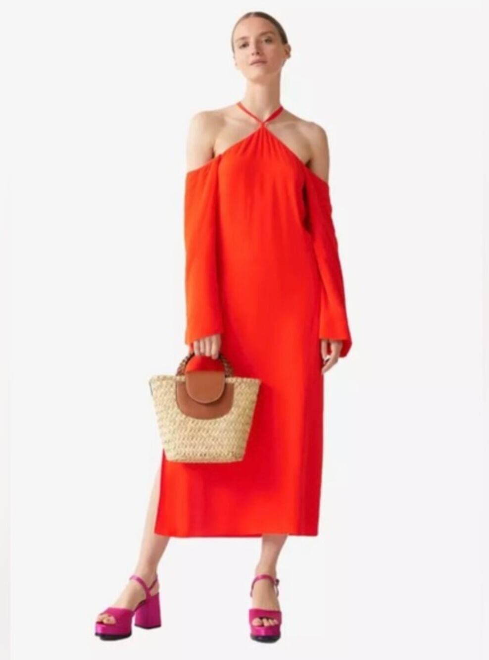 & Other Stories Orange Red Halter Midi Dress Cold Off-Shoulder Pullover Size 8